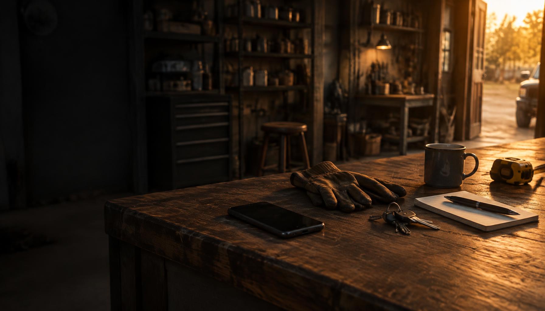 A phone, work gloves, keys and an order pad on a small business work counter